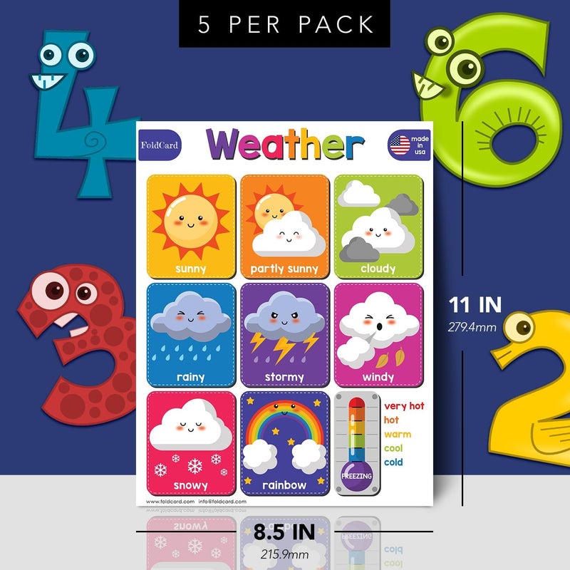FoldCard Weather Chart for Preschool to Grade 1 Kids – Bright and Colorful Educational Visual/Learning Aid Poster Decoration for Classroom or Home | Glossy Durable Cardstock | 8.5" x 11" | 5 per Pack - Image 2